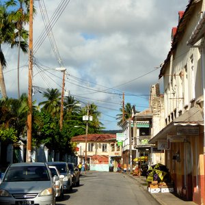 Town shops in old fashioned small Caribbean street