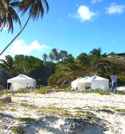 Production tents, camp set up on Caribbean beach location