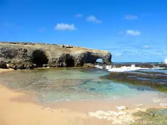 Outstanding Rock Formation On Wide Spread Beach With Turquoise Water Fountains In Barbados
