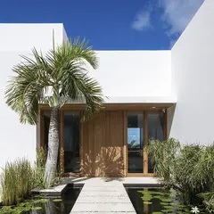 modern elegant white villa with a scenic pond