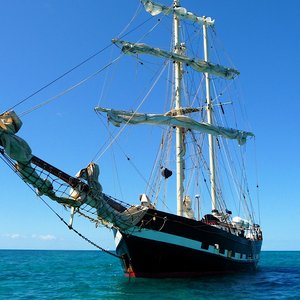Pirates ship prop on location in the Caribbean Grenadine islands of St. Vincent