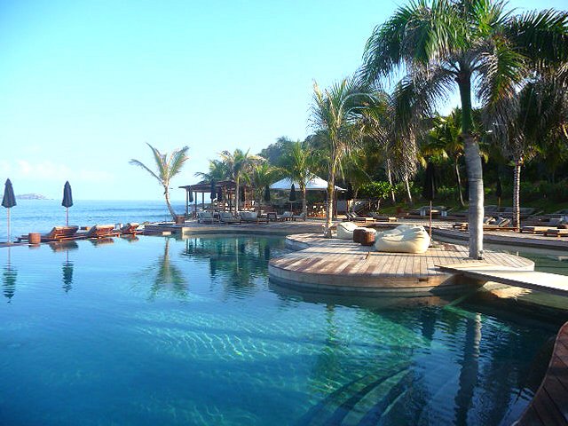 Pool wooden deck palm tree location St. Barts